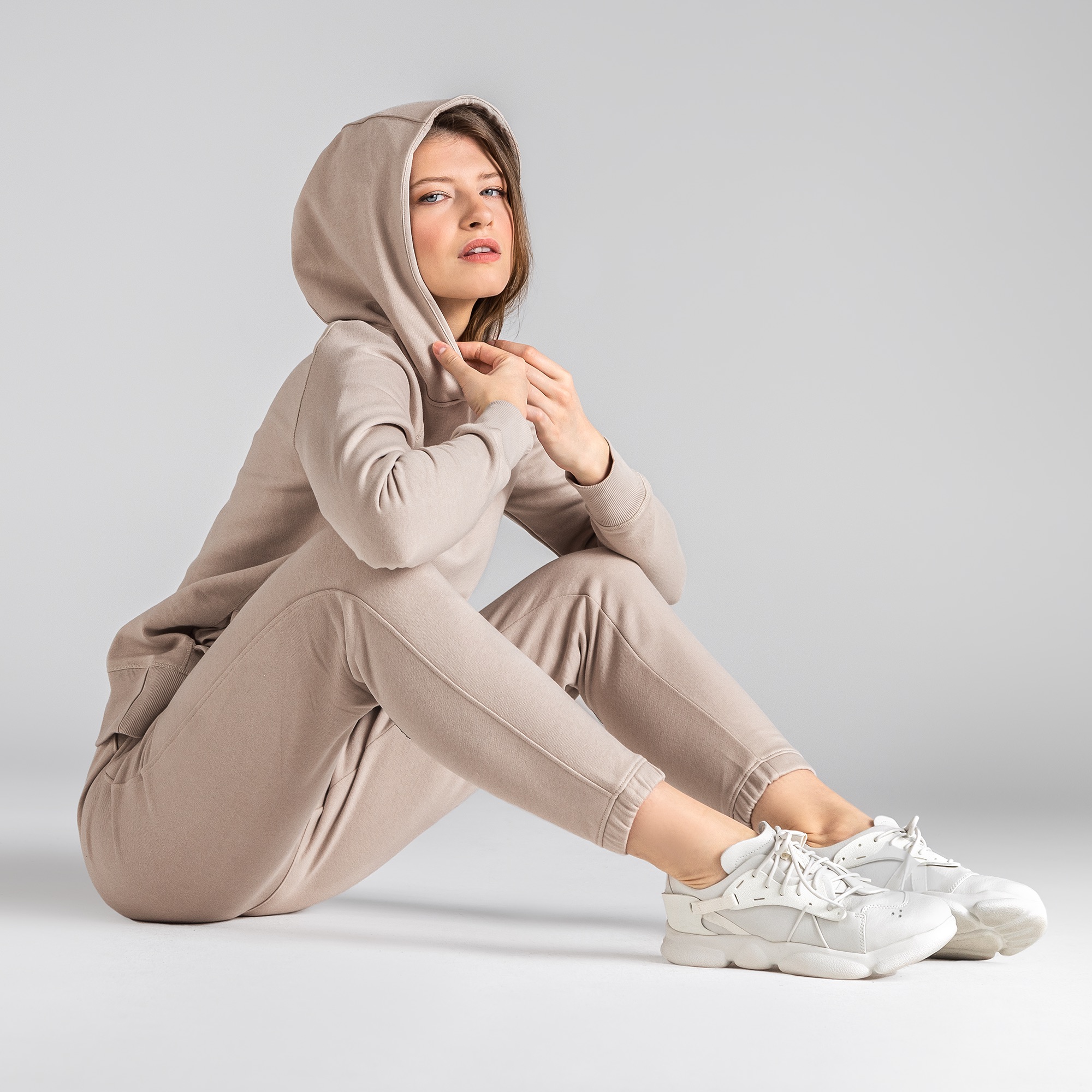 Hoodie Dam Bomull, Beige