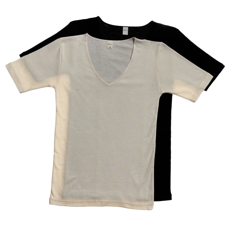 T-shirt med V-hals Ull/Siden Dam, Svart