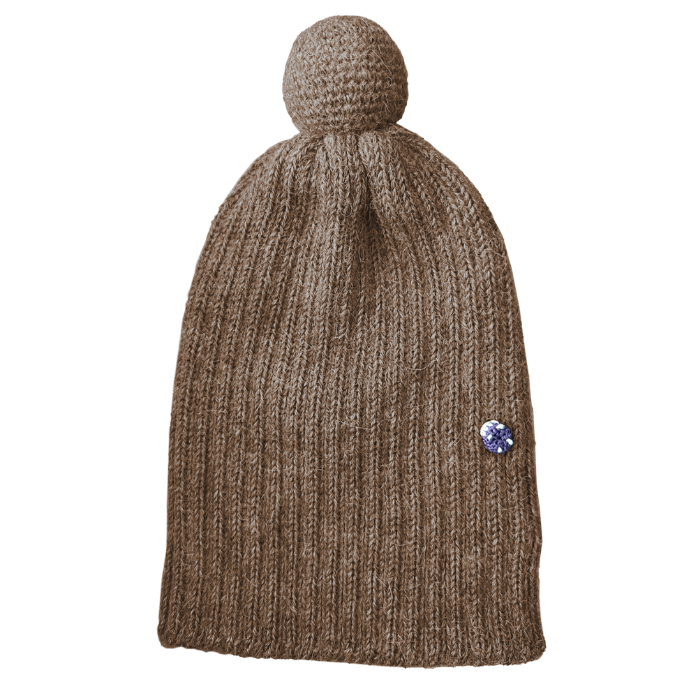 Ribbstickad Mössa med Boll Alpacka, Beige-melerad