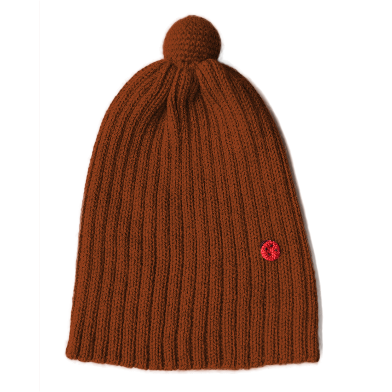 Ribbstickad Mössa med Boll Alpacka, Tegelröd