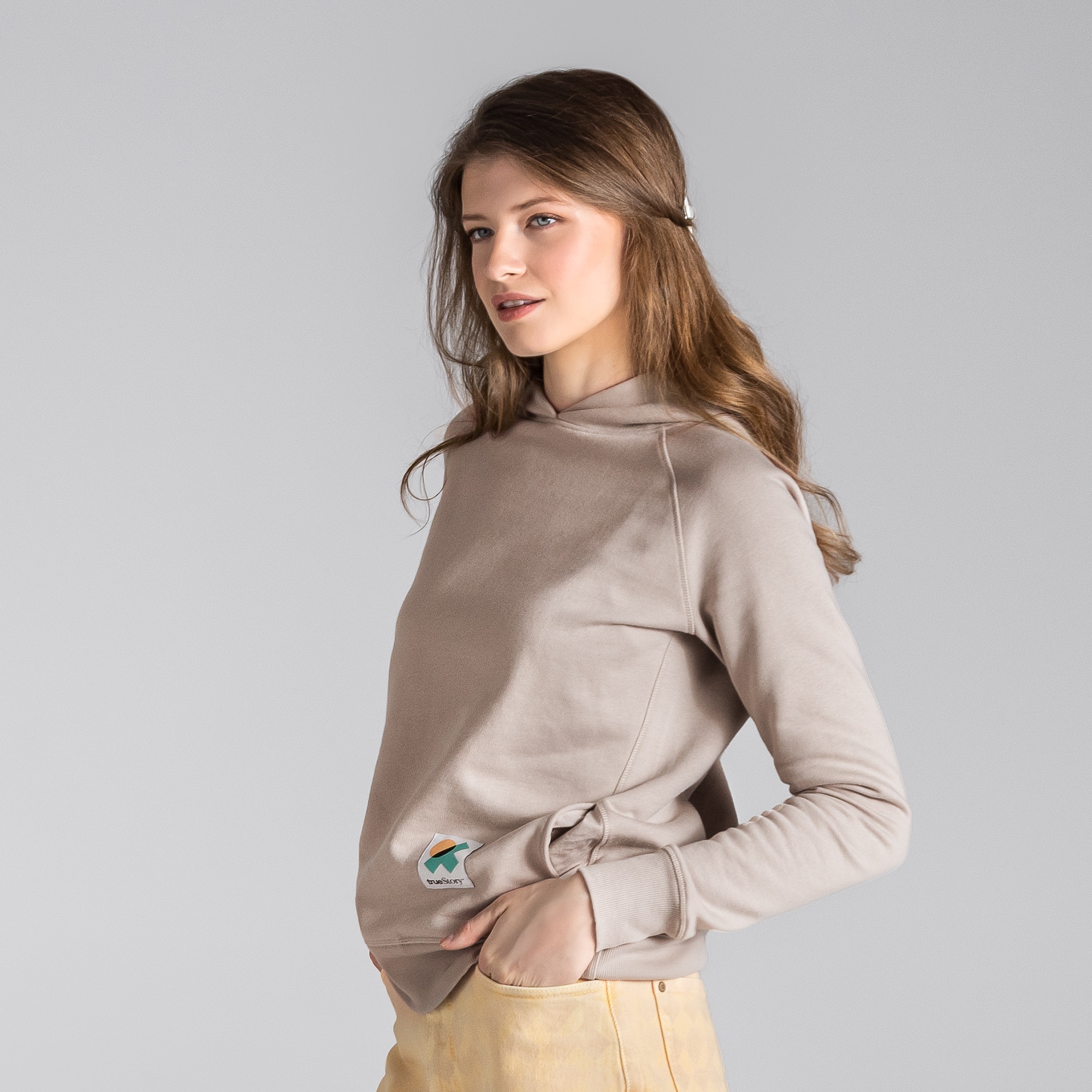 Hoodie Dam Bomull, Beige